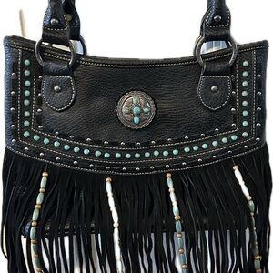 Black Fringe Handbag with Turquoise Accents